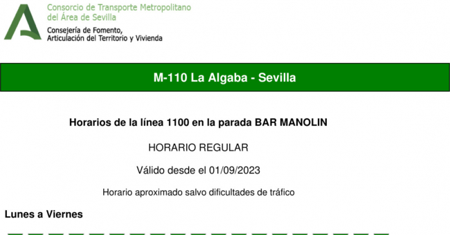 Tabla de horarios y frecuencias de paso en sentido ida Línea M-110: Sevilla - La Algaba