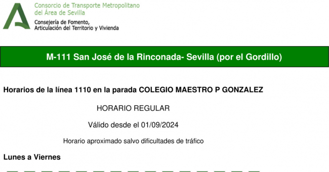 Tabla de horarios y frecuencias de paso en sentido ida Línea M-111: Sevilla - San José de la Rinconada (recorrido 1)