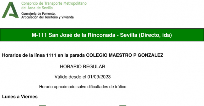 Tabla de horarios y frecuencias de paso en sentido ida Línea M-111: Sevilla - San José de la Rinconada (recorrido 2)