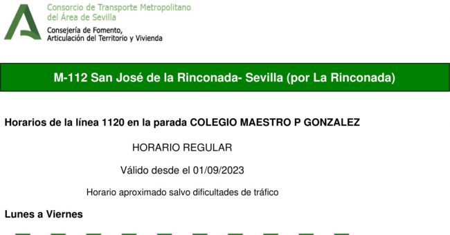 Tabla de horarios y frecuencias de paso en sentido ida Línea M-112: Sevilla - San José de la Rinconada (recorrido 1)