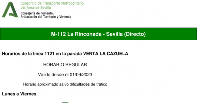 Tabla de horarios y frecuencias de paso en sentido ida Línea M-112: Sevilla - San José de la Rinconada (recorrido 2)
