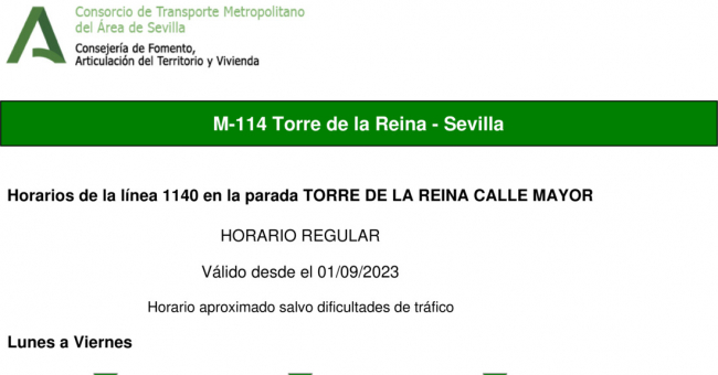 Tabla de horarios y frecuencias de paso en sentido ida Línea M-114: Sevilla - Torre de la Reina