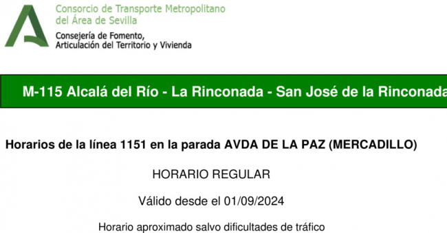 Tabla de horarios y frecuencias de paso en sentido ida Línea M-115: Sevilla - Alcalá del Río (recorrido 2)