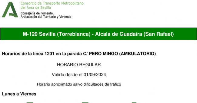 Tabla de horarios y frecuencias de paso en sentido ida Línea M-120: Sevilla - Alcalá de Guadaira (recorrido 2)