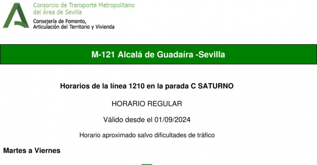 Tabla de horarios y frecuencias de paso en sentido ida Línea M-121: Sevilla - Alcalá de Guadaira (recorrido 1)