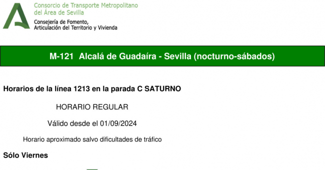 Tabla de horarios y frecuencias de paso en sentido ida Línea M-121: Sevilla - Alcalá de Guadaira (recorrido 2)