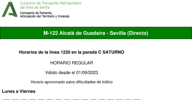 Tabla de horarios y frecuencias de paso en sentido ida Línea M-122: Sevilla - Alcalá de Guadaira