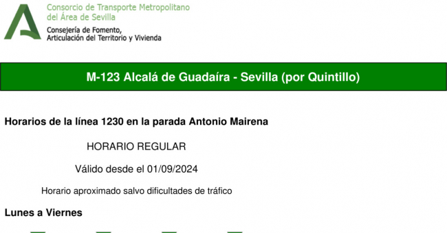 Tabla de horarios y frecuencias de paso en sentido ida Línea M-123: Sevilla - Alcalá de Guadaira - Universidad Pablo de Olavide (UPO) (recorrido 1)