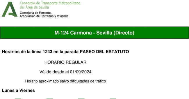 Tabla de horarios y frecuencias de paso en sentido ida Línea M-124: Sevilla - Carmona (recorrido 4)