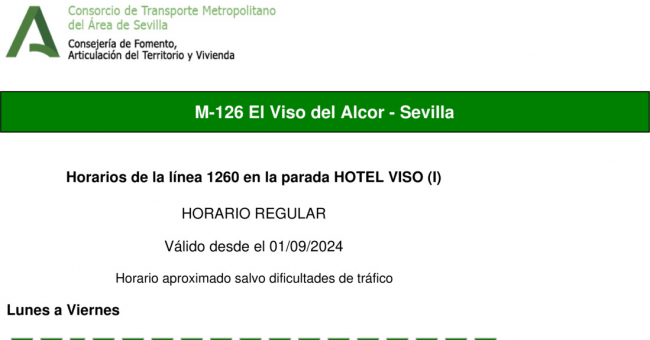 Tabla de horarios y frecuencias de paso en sentido ida Línea M-126: Sevilla - El Viso del Alcor