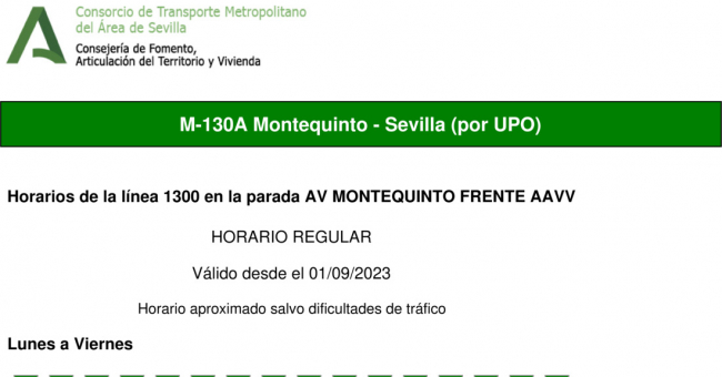 Tabla de horarios y frecuencias de paso en sentido ida Línea M-130: Sevilla - Montequinto - Universidad Pablo de Olavide (UPO) (recorrido 1)