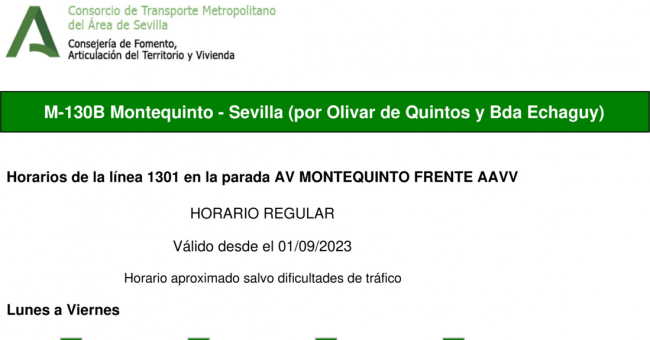 Tabla de horarios y frecuencias de paso en sentido ida Línea M-130: Sevilla - Montequinto - Universidad Pablo de Olavide (UPO) (recorrido 2)