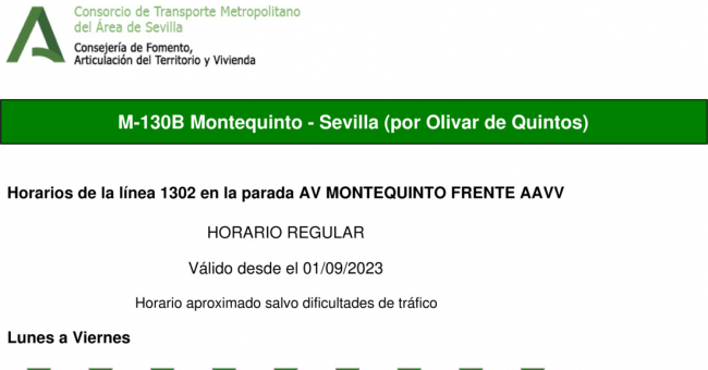 Tabla de horarios y frecuencias de paso en sentido ida Línea M-130: Sevilla - Montequinto - Universidad Pablo de Olavide (UPO) (recorrido 3)