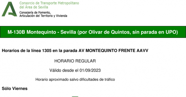 Tabla de horarios y frecuencias de paso en sentido ida Línea M-130: Sevilla - Montequinto - Universidad Pablo de Olavide (UPO) (recorrido 4)