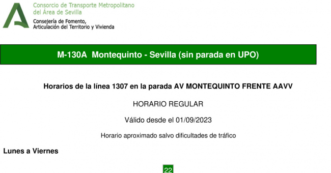 Tabla de horarios y frecuencias de paso en sentido ida Línea M-130: Sevilla - Montequinto - Universidad Pablo de Olavide (UPO) (recorrido 5)