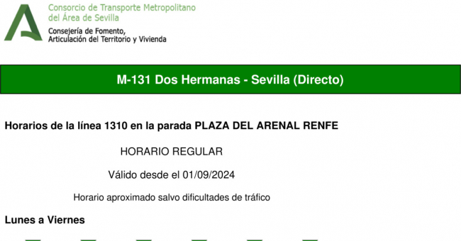 Tabla de horarios y frecuencias de paso en sentido ida Línea M-131: Sevilla - Dos Hermanas (recorrido 1)