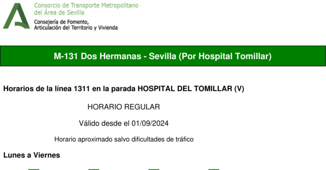 Tabla de horarios y frecuencias de paso en sentido ida Línea M-131: Sevilla - Dos Hermanas (recorrido 2)