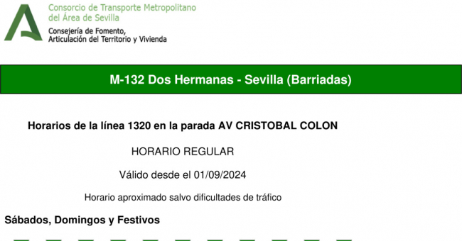 Tabla de horarios y frecuencias de paso en sentido ida Línea M-132: Sevilla - Dos Hermanas (Fuente del Rey) (recorrido 1)