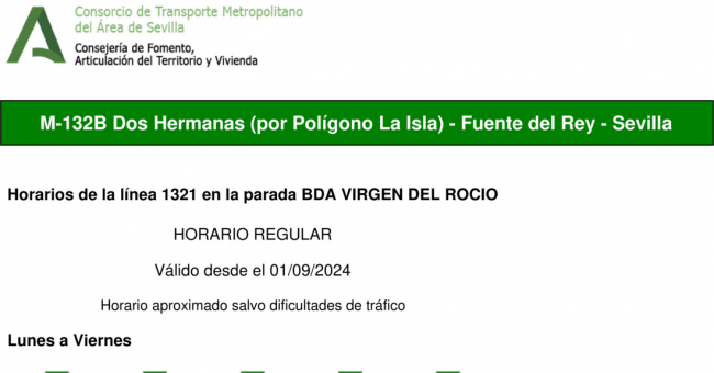 Tabla de horarios y frecuencias de paso en sentido ida Línea M-132: Sevilla - Dos Hermanas (Fuente del Rey) (recorrido 2)