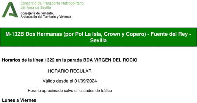 Tabla de horarios y frecuencias de paso en sentido ida Línea M-132: Sevilla - Dos Hermanas (Fuente del Rey) (recorrido 3)