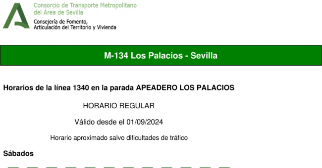 Tabla de horarios y frecuencias de paso en sentido ida Línea M-134: Sevilla - Los Palacios (Hospital Tomillar) (recorrido 1)