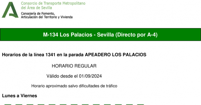 Tabla de horarios y frecuencias de paso en sentido ida Línea M-134: Sevilla - Los Palacios (Hospital Tomillar) (recorrido 2)