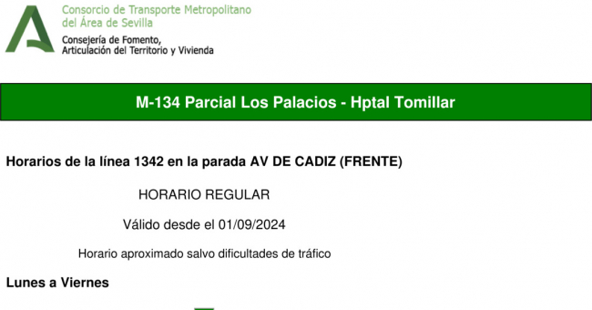 Tabla de horarios y frecuencias de paso en sentido ida Línea M-134: Sevilla - Los Palacios (Hospital Tomillar) (recorrido 3)