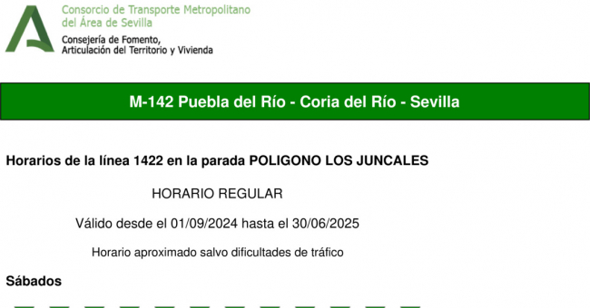 Tabla de horarios y frecuencias de paso en sentido ida Línea M-142: Sevilla - Coria del Río (recorrido 2)