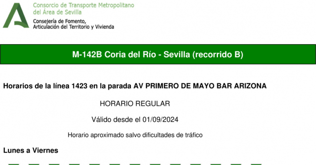 Tabla de horarios y frecuencias de paso en sentido ida Línea M-142: Sevilla - Coria del Río (recorrido 3)