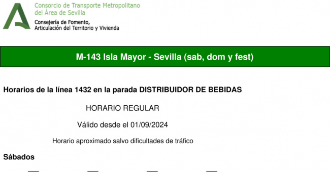 Tabla de horarios y frecuencias de paso en sentido ida Línea M-143: Sevilla - Isla Mayor (recorrido 2)