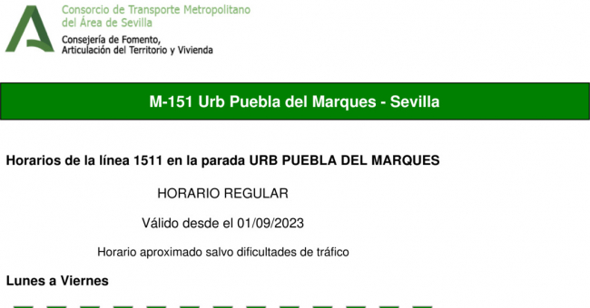 Tabla de horarios y frecuencias de paso en sentido ida Línea M-151: Sevilla - Urbanización Puebla del Marqués