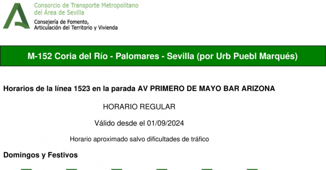 Tabla de horarios y frecuencias de paso en sentido ida Línea M-152: Sevilla - Palomares (recorrido 2)
