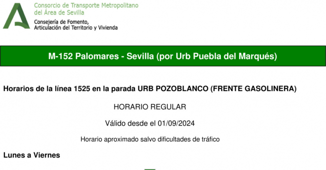 Tabla de horarios y frecuencias de paso en sentido ida Línea M-152: Sevilla - Palomares (recorrido 3)