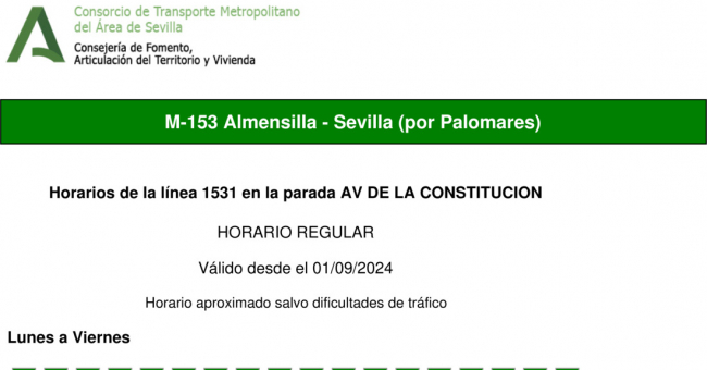 Tabla de horarios y frecuencias de paso en sentido ida Línea M-153: Sevilla - Almensilla (recorrido 1)