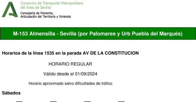 Tabla de horarios y frecuencias de paso en sentido ida Línea M-153: Sevilla - Almensilla (recorrido 2)