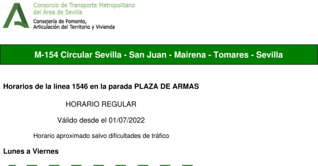 Tabla de horarios y frecuencias de paso en sentido ida Línea M-154: Sevilla - Tomares (Circular)