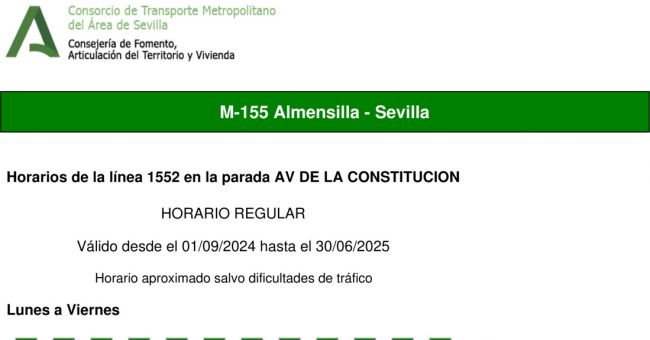 Tabla de horarios y frecuencias de paso en sentido ida Línea M-155: Sevilla - Almensilla