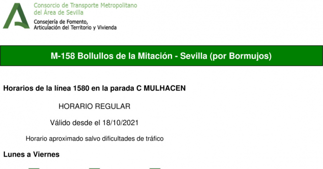 Tabla de horarios y frecuencias de paso en sentido ida Línea M-158: Sevilla - Bollullos de la Mitación