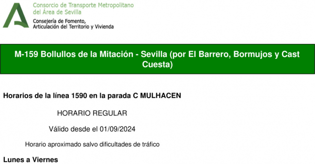 Tabla de horarios y frecuencias de paso en sentido ida Línea M-159: Sevilla - Bollullos de la Mitación (recorrido 1)