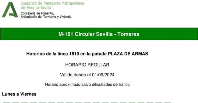 Tabla de horarios y frecuencias de paso en sentido ida Línea M-161: Sevilla - Tomares (Circular) (recorrido 1)