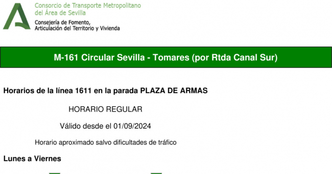 Tabla de horarios y frecuencias de paso en sentido ida Línea M-161: Sevilla - Tomares (Circular) (recorrido 2)