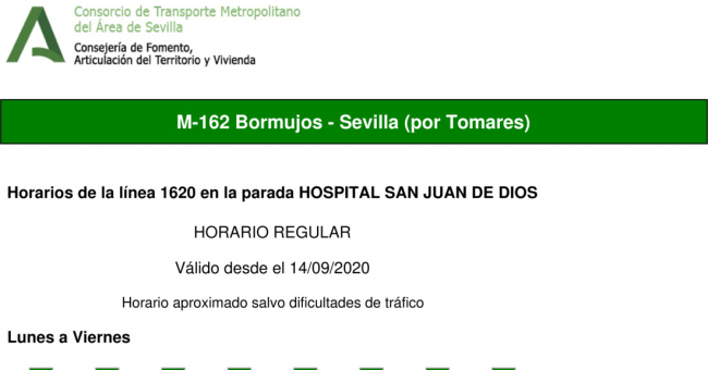 Tabla de horarios y frecuencias de paso en sentido ida Línea M-162: Sevilla - Bormujos (recorrido 1)