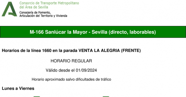 Tabla de horarios y frecuencias de paso en sentido ida Línea M-166: Sevilla - Sanlúcar la Mayor (recorrido 1)