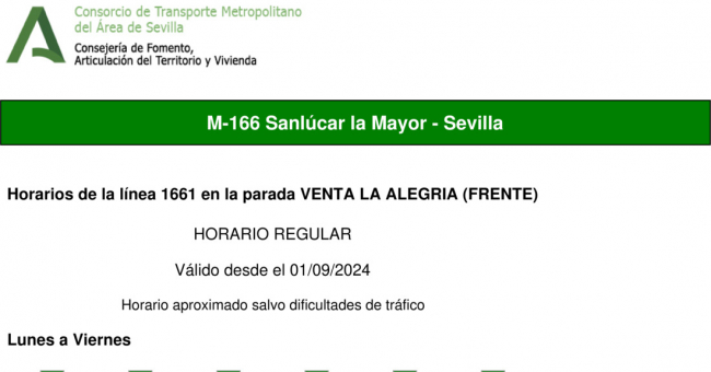 Tabla de horarios y frecuencias de paso en sentido ida Línea M-166: Sevilla - Sanlúcar la Mayor (recorrido 2)