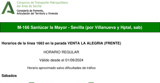 Tabla de horarios y frecuencias de paso en sentido ida Línea M-166: Sevilla - Sanlúcar la Mayor (recorrido 3)