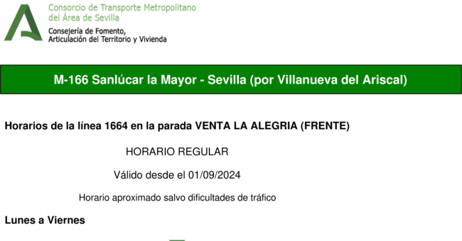 Tabla de horarios y frecuencias de paso en sentido ida Línea M-166: Sevilla - Sanlúcar la Mayor (recorrido 4)