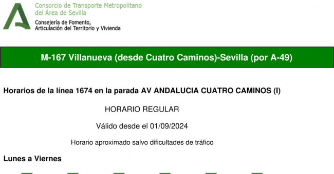 Tabla de horarios y frecuencias de paso en sentido ida Línea M-167: Sevilla - Villanueva