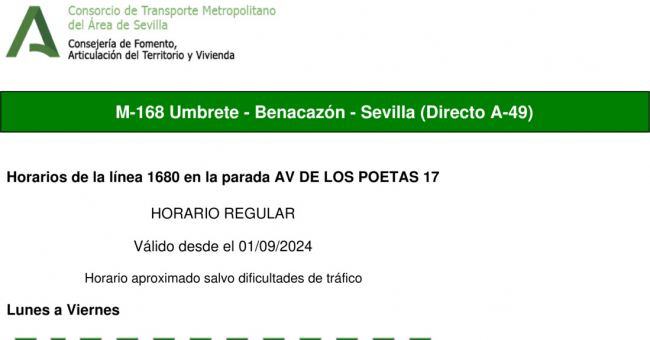 Tabla de horarios y frecuencias de paso en sentido ida Línea M-168: Benacazón - Umbrete (recorrido 1)