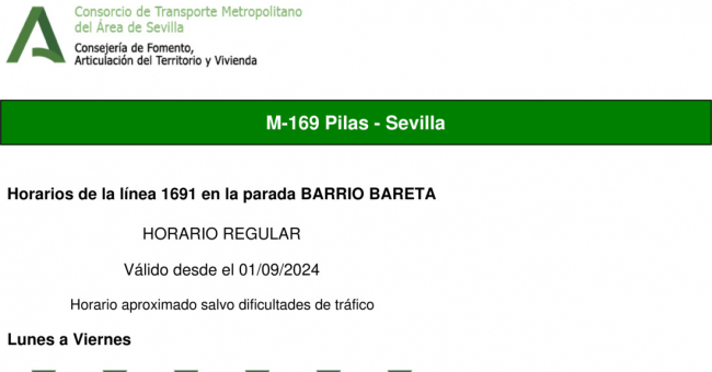 Tabla de horarios y frecuencias de paso en sentido ida Línea M-169: Pilas - Villamanrique (recorrido 1)