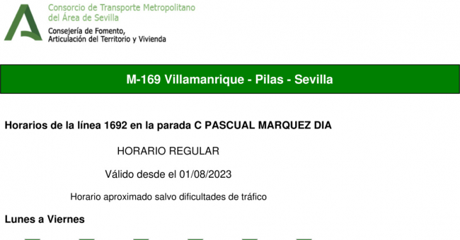Tabla de horarios y frecuencias de paso en sentido ida Línea M-169: Pilas - Villamanrique (recorrido 2)